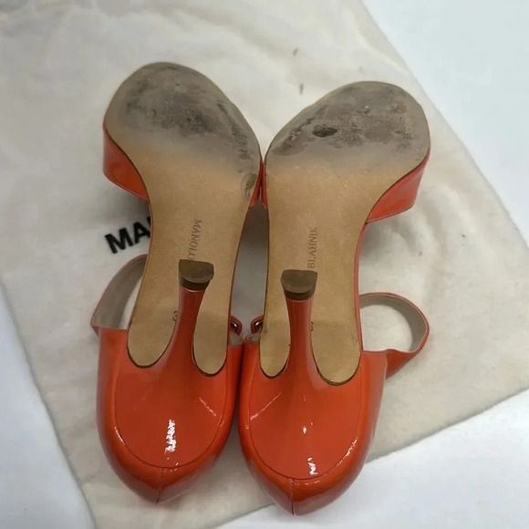 Manolo Blahnik High Heel Shoes Patent Leather Ankle Strap Orange Open Toe 36 - Picture 8 of 11